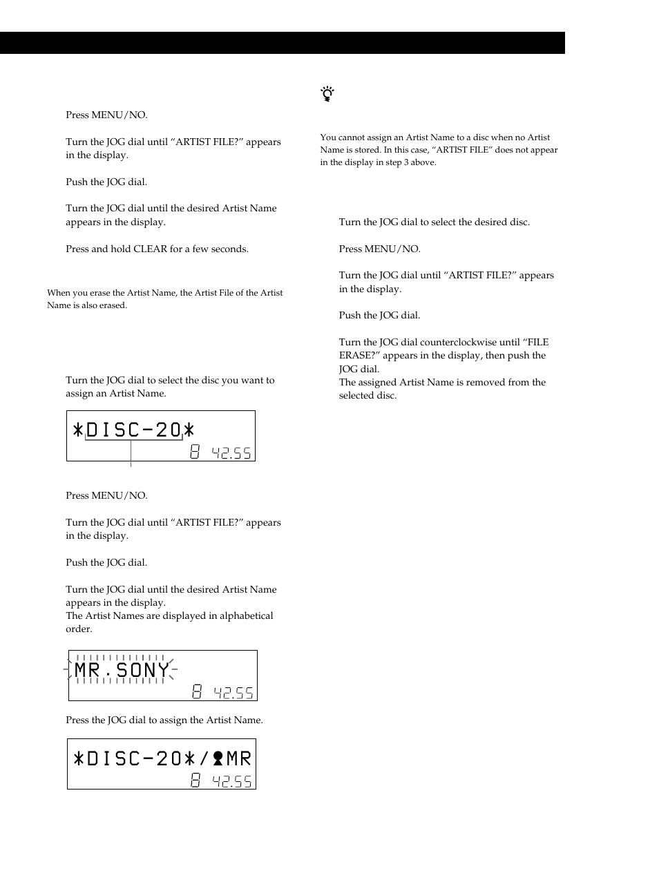 M r . s o n y, Storing information about cds (custom files), Erasing the artist name 1 | Assigning an artist name to a disc (artist file) 1, Removing the artist name from the disc 1 | Sony CDP-M555ES User Manual | Page 37 / 48