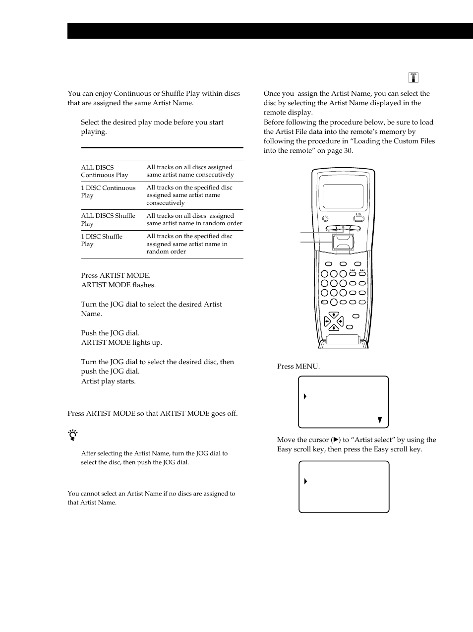 Storing information about cds (custom files), Press menu, Press artist mode. artist mode flashes | Push the jog dial. artist mode lights up, The player plays | Sony CDP-M555ES User Manual | Page 38 / 48