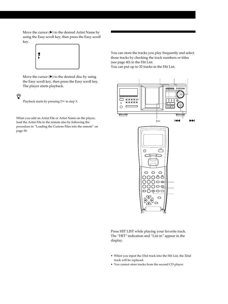 Storing your favorite tracks (hit list), Storing information about cds (custom files), Putting tracks into the hit list | When the player is in the shuffle play mode | Sony CDP-M555ES User Manual | Page 39 / 48