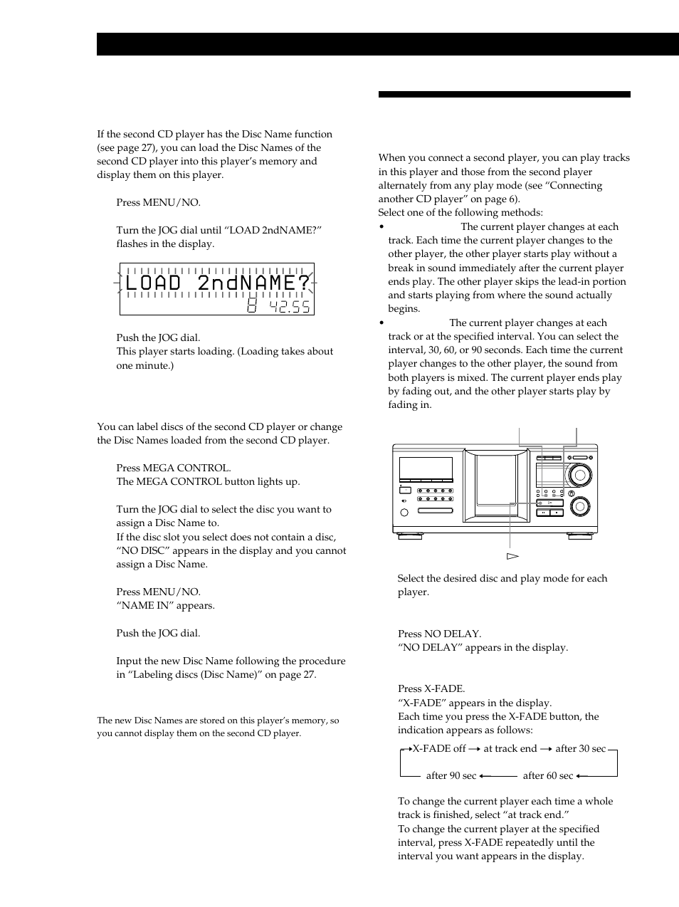 Playing alternately (no-delay play/x-fade play), Using the player with another component, Loading the disc names of the second cd player | Labeling discs of the second cd player | Sony CDP-M555ES User Manual | Page 42 / 48