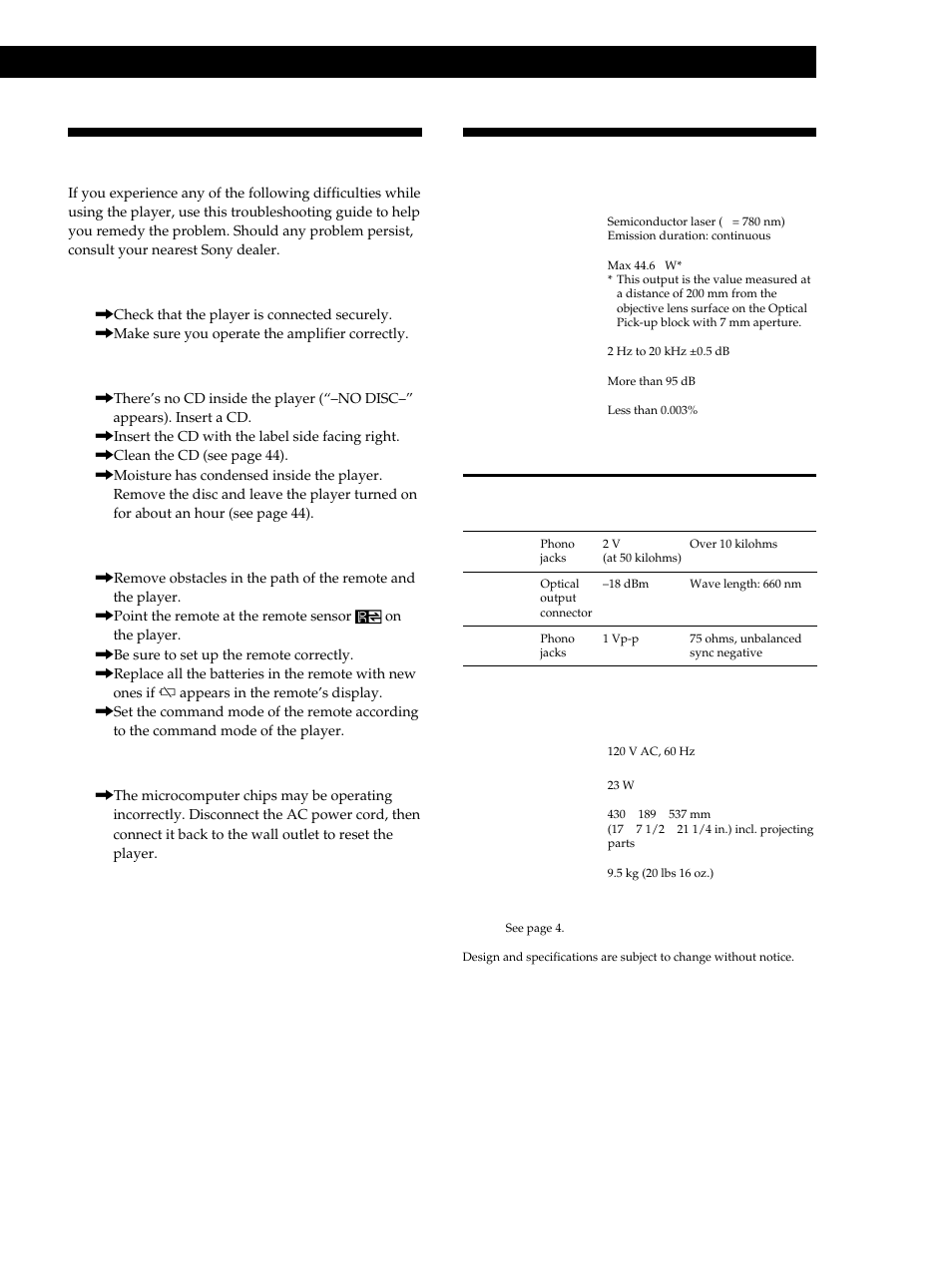 Specifications, Troubleshooting, Additional information | Sony CDP-M555ES User Manual | Page 45 / 48