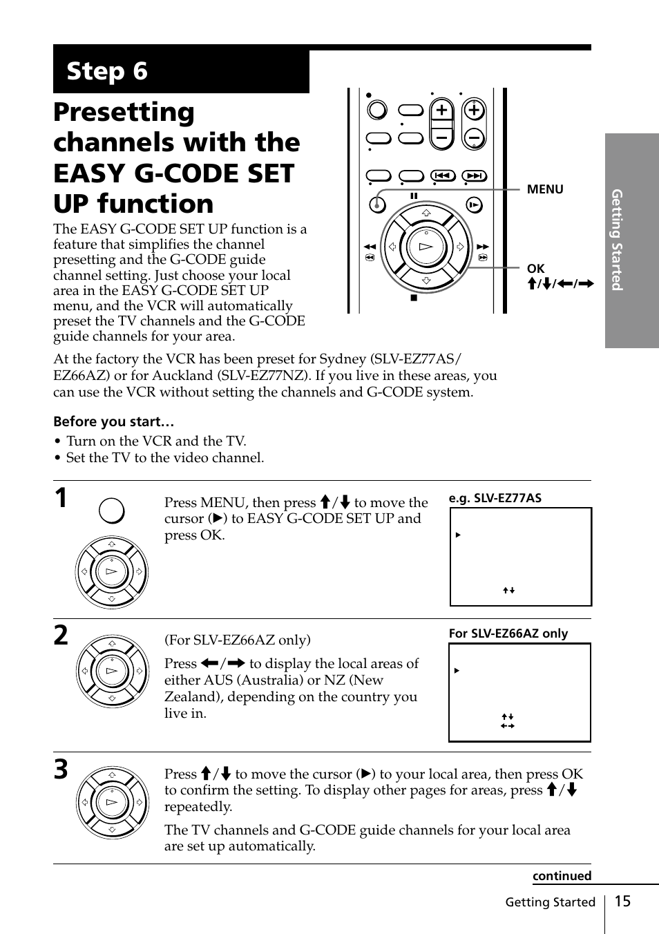 Step 6, Getting started | Sony SLV-EZ77AS User Manual | Page 15 / 75