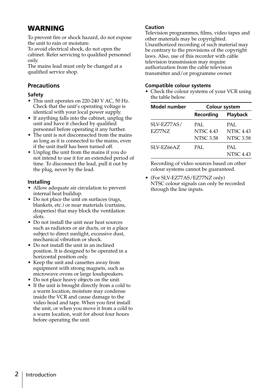 Warning | Sony SLV-EZ77AS User Manual | Page 2 / 75