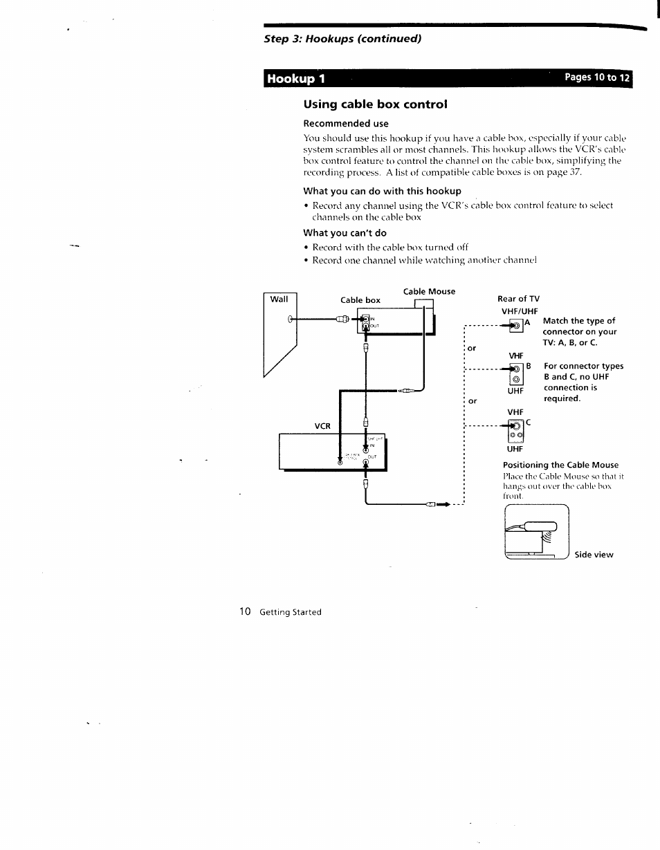 Hookup 1, Using cable box control, Recommended use | What you can do with this hookup, What you can't do, Rear of tv vhf/uhf, Side view | Sony SLV-790HF User Manual | Page 10 / 81