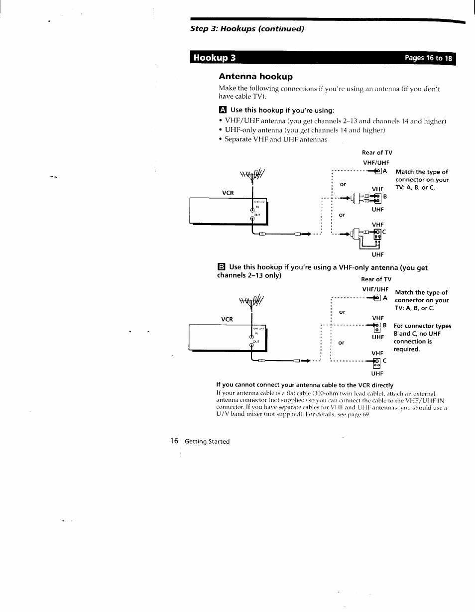 Antenna hookup, Use this hookup if you're using, Rear of tv | Vhf/uhf, Hookup 3 | Sony SLV-790HF User Manual | Page 16 / 81