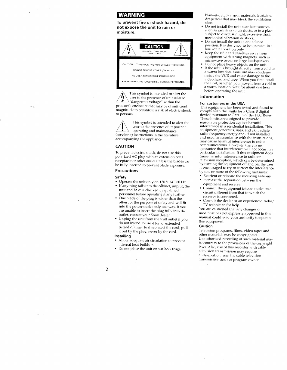 Caution, Precautions, Safety | Information, For customers in the usa | Sony SLV-790HF User Manual | Page 2 / 81