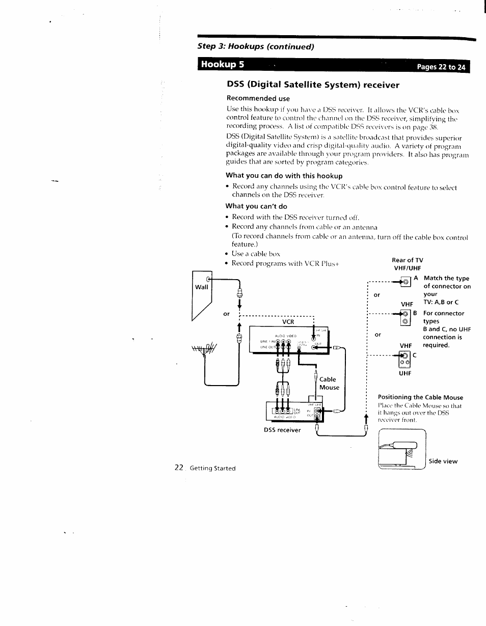 Wall, Dss (digital satellite system) receiver, Recommended use | What you can do with this hookup, What you can't do, Rear of tv vhf/uhf, For connector types, Dss receiver, Positioning the cable mouse, 1 hookup 5 | Sony SLV-790HF User Manual | Page 22 / 81