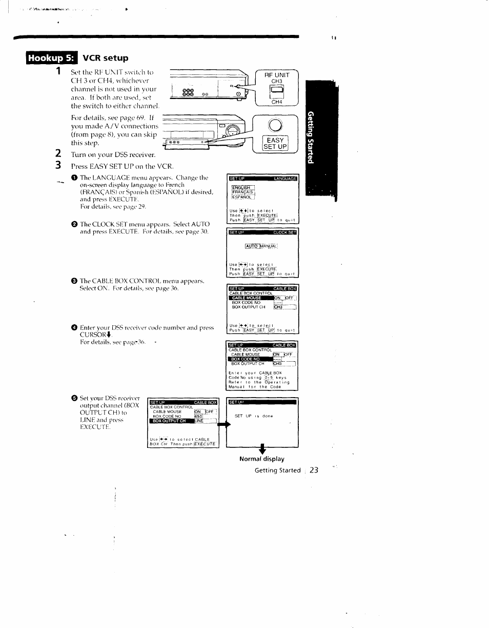 Hookup 5, Vcr setup, Normal display | Sony SLV-790HF User Manual | Page 23 / 81