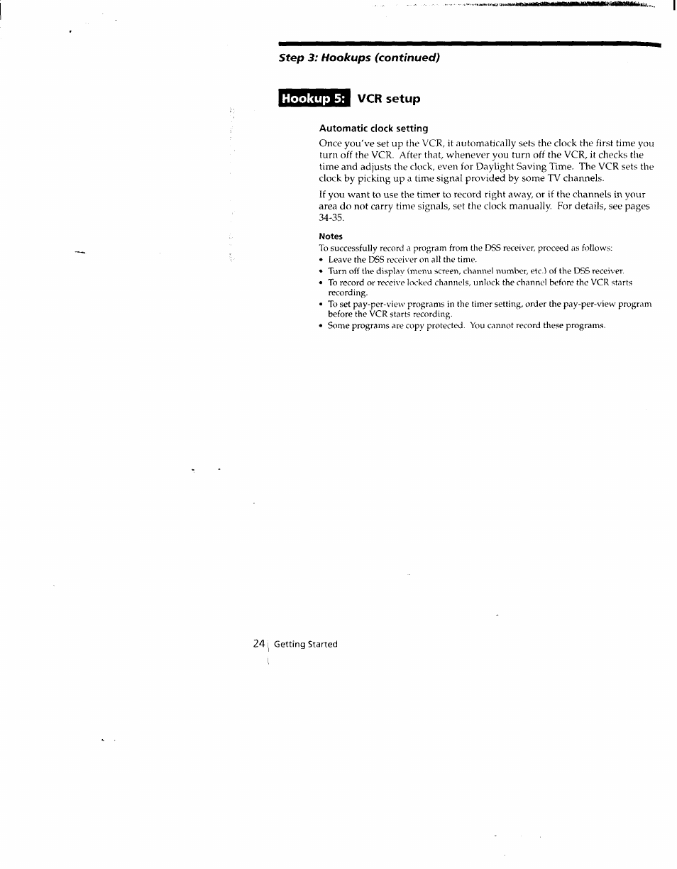 Hookup 5, Vcr setup, Automatic clock setting | Notes | Sony SLV-790HF User Manual | Page 24 / 81