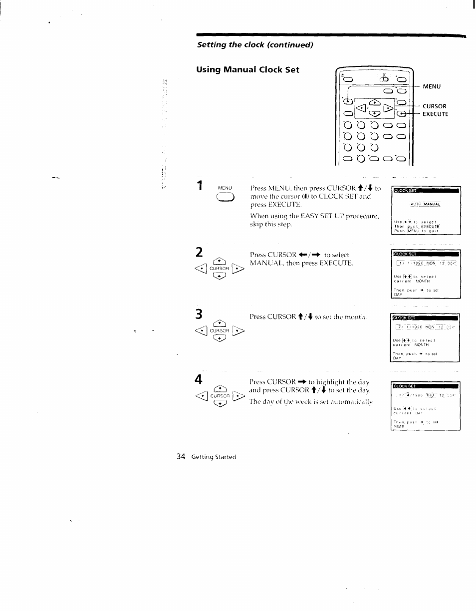 Menu, Cursor, Execute | O o o, Cd cd cd 'cd, Cd o ’cd cd ’cd, Using manual clock set | Sony SLV-790HF User Manual | Page 34 / 81