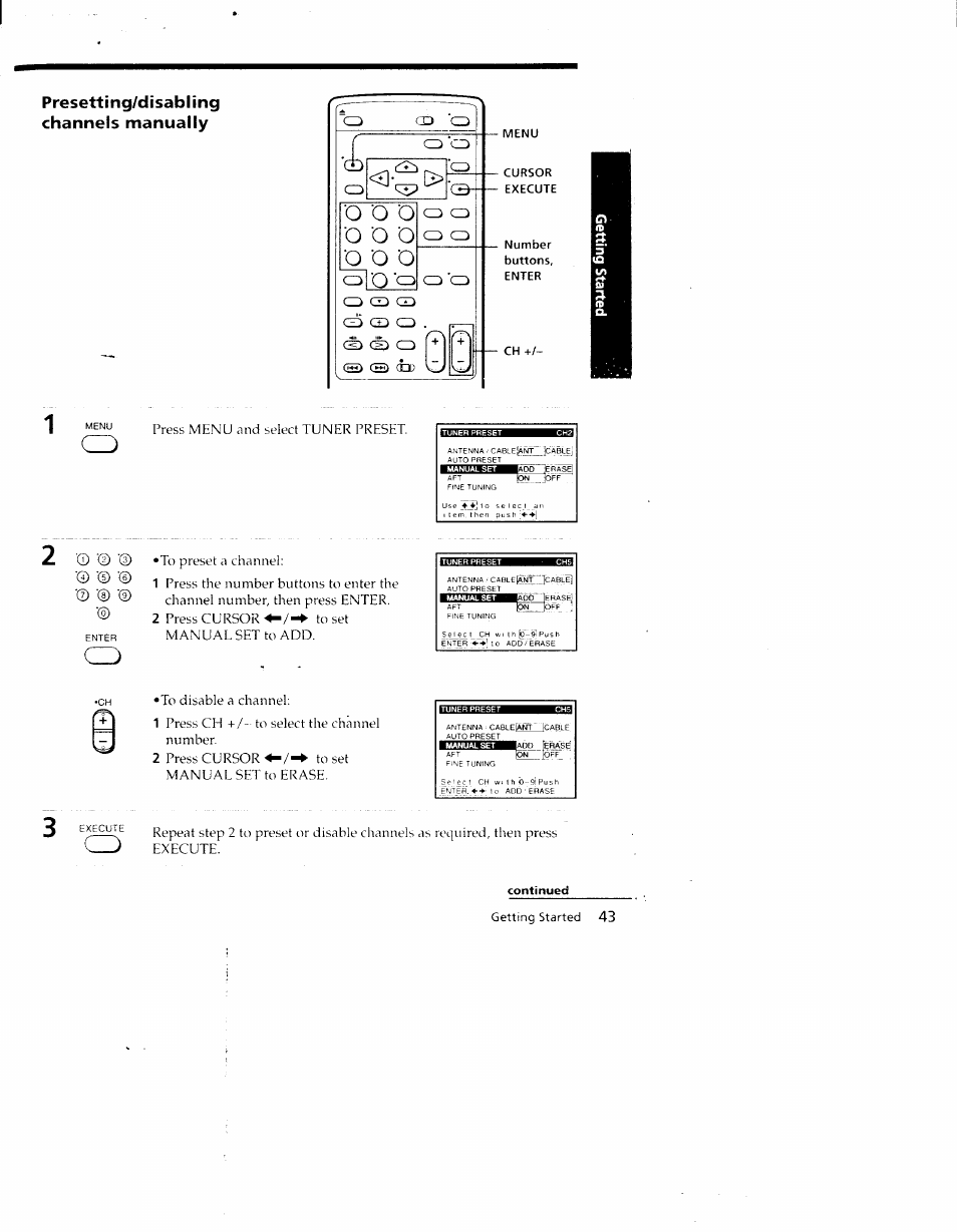 Presetting/disabling channels manually, Menu, Cursor | Execute, Number, Enter, O o d, Cd a cd czd cz:» czs o cd ci> cd | Sony SLV-790HF User Manual | Page 43 / 81