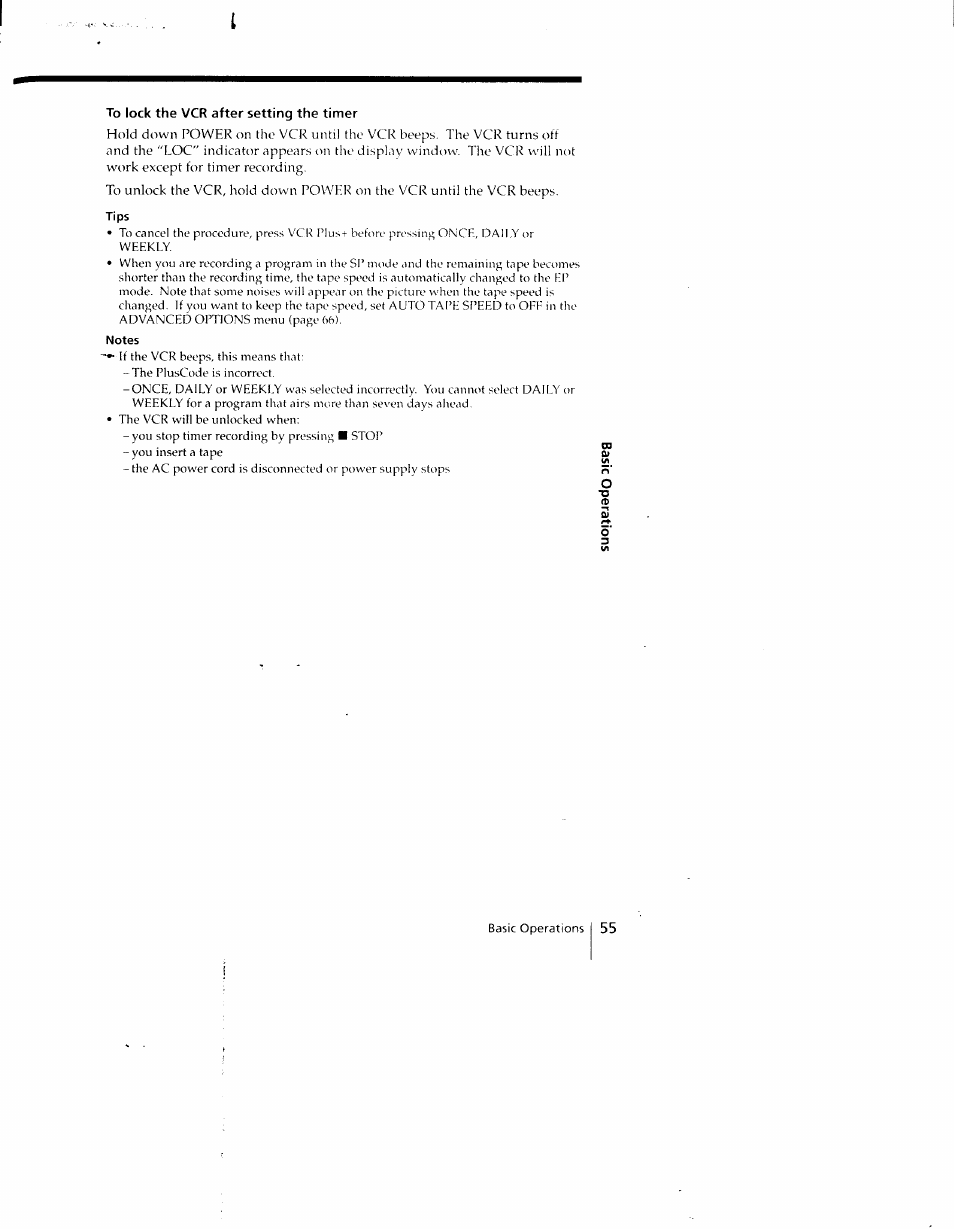 To lock the vcr after setting the timer, Notes | Sony SLV-790HF User Manual | Page 55 / 81