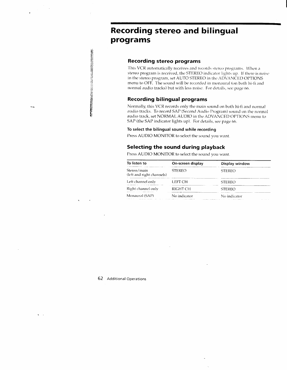 Recording stereo and bilingual programs, Recording stereo programs, Recording bilingual programs | To select the bilingual sound while recording, Selecting the sound during playback, To listen to, On-screen display, Display window | Sony SLV-790HF User Manual | Page 62 / 81