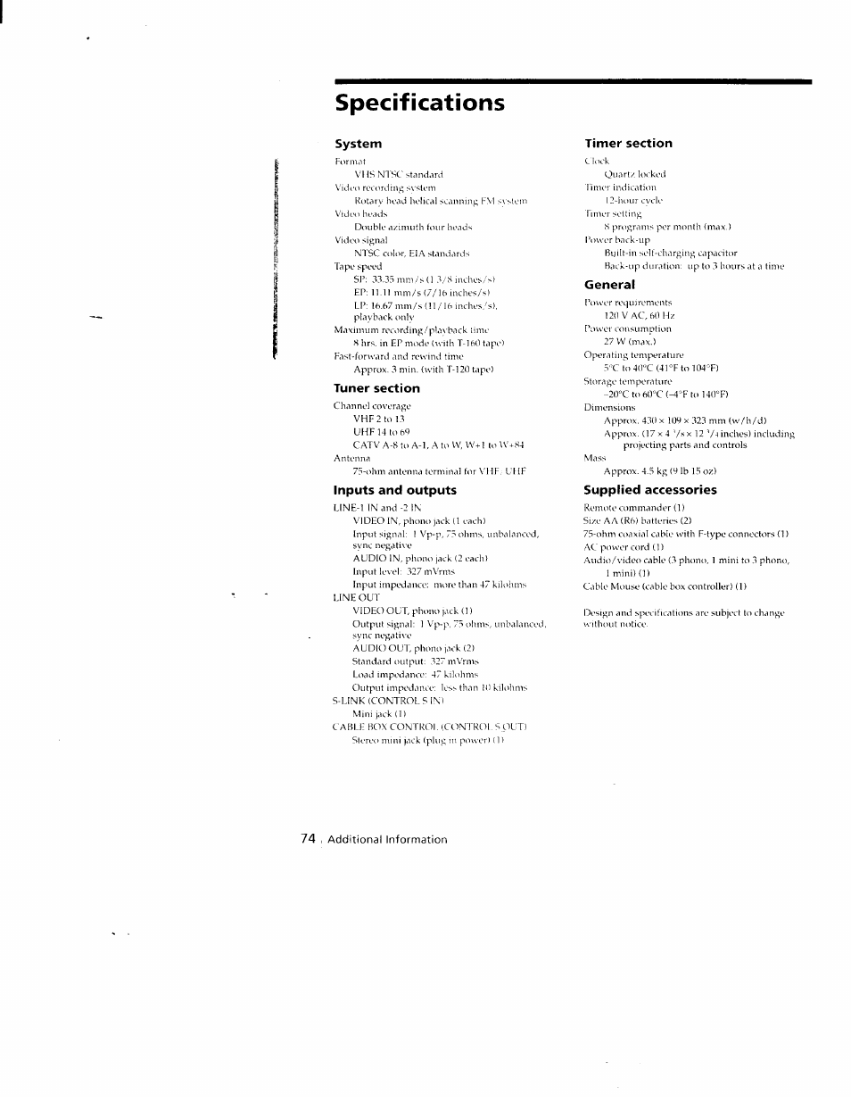 Specifications | Sony SLV-790HF User Manual | Page 74 / 81