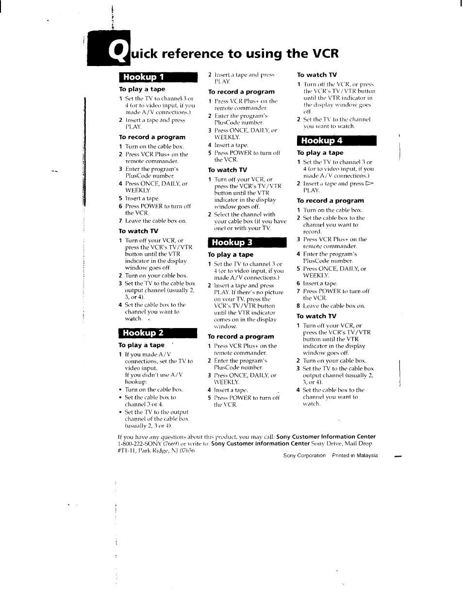 Uick reference to using the vcr, Hookup 1, To play a tape | To record a program, To watch tv, Hookup 4, Hookup 3, Hookup 2, Hookup 4 hookup 3 | Sony SLV-790HF User Manual | Page 81 / 81