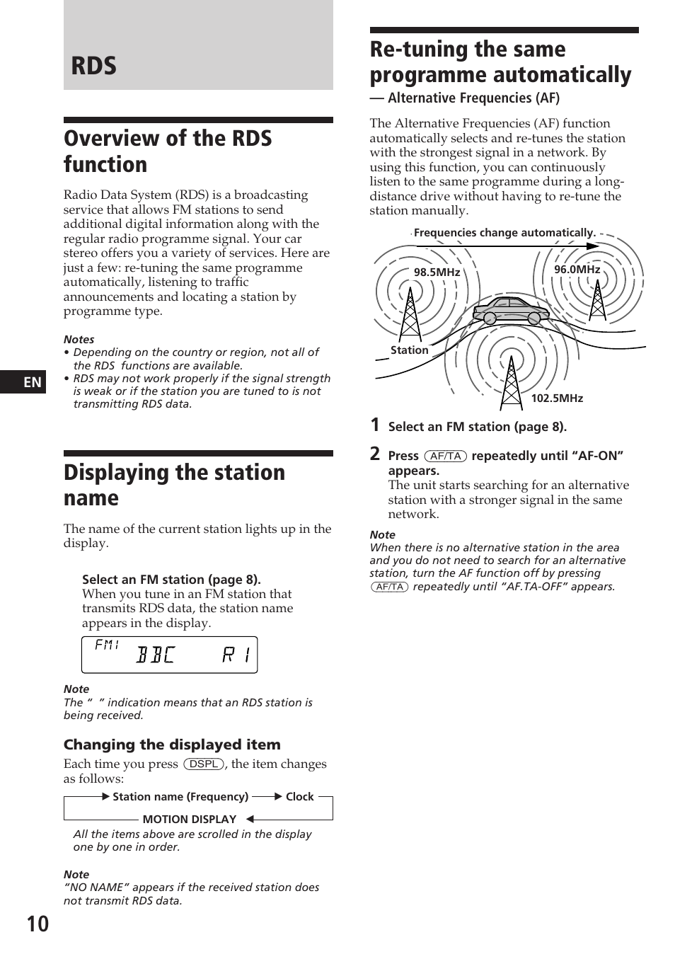 Re-tuning the same programme automatically, Overview of the rds function, Displaying the station name | Sony CDX-4180R User Manual | Page 10 / 88