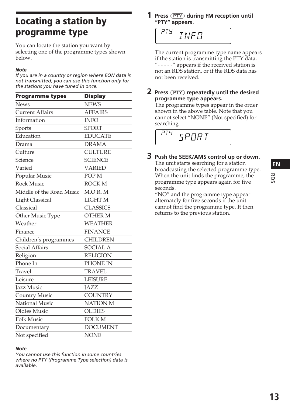 Locating a station by programme type, Port info | Sony CDX-4180R User Manual | Page 13 / 88