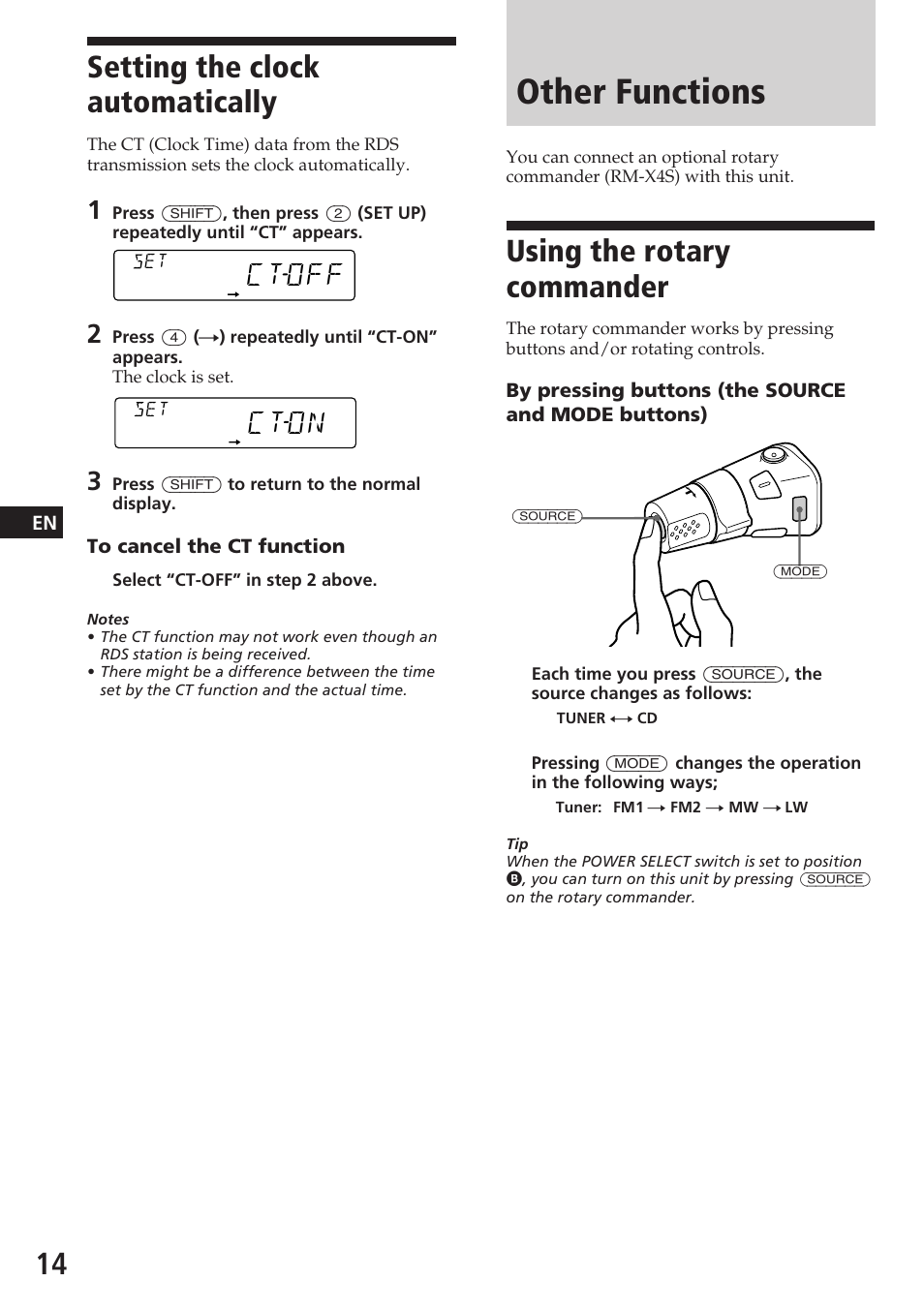 Other functions, Using the rotary commander, Setting the clock automatically | Ctoff, Cton | Sony CDX-4180R User Manual | Page 14 / 88