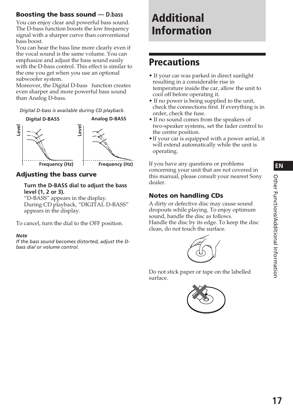 Additional information, Precautions | Sony CDX-4180R User Manual | Page 17 / 88