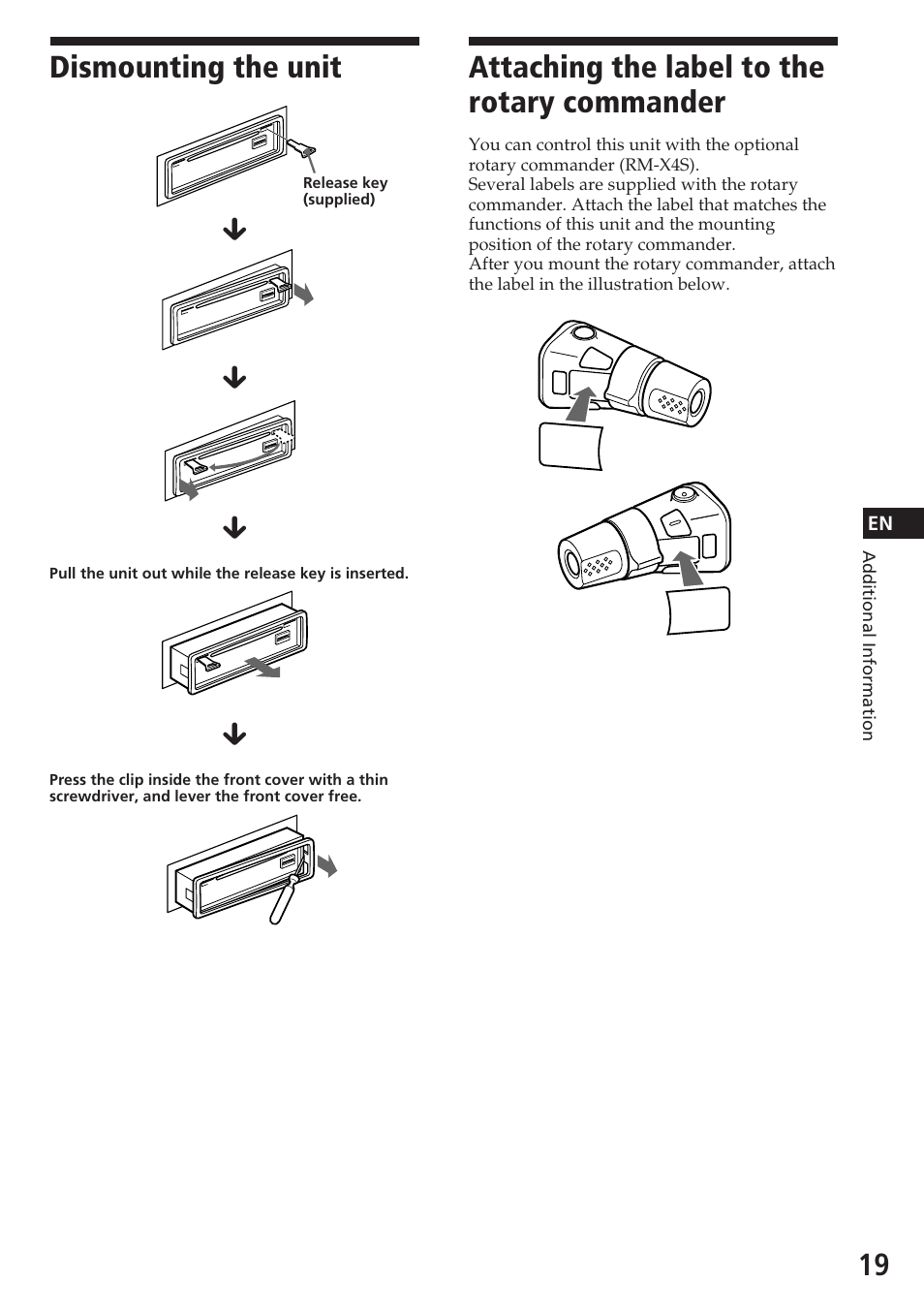 Dismounting the unit, Attaching the label to the rotary commander | Sony CDX-4180R User Manual | Page 19 / 88