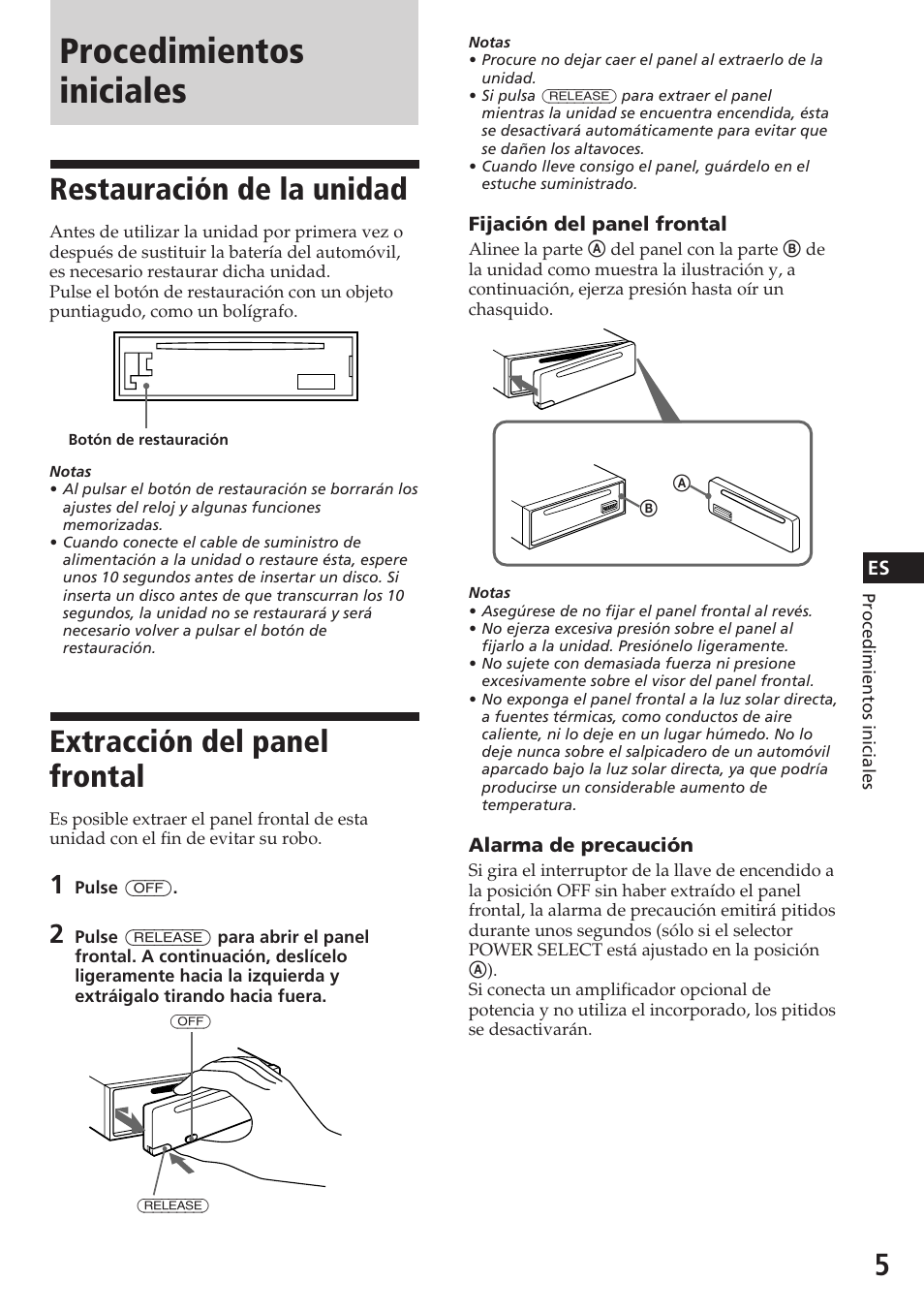 Procedimientos iniciales, Restauración de la unidad, Extracción del panel frontal | Sony CDX-4180R User Manual | Page 27 / 88