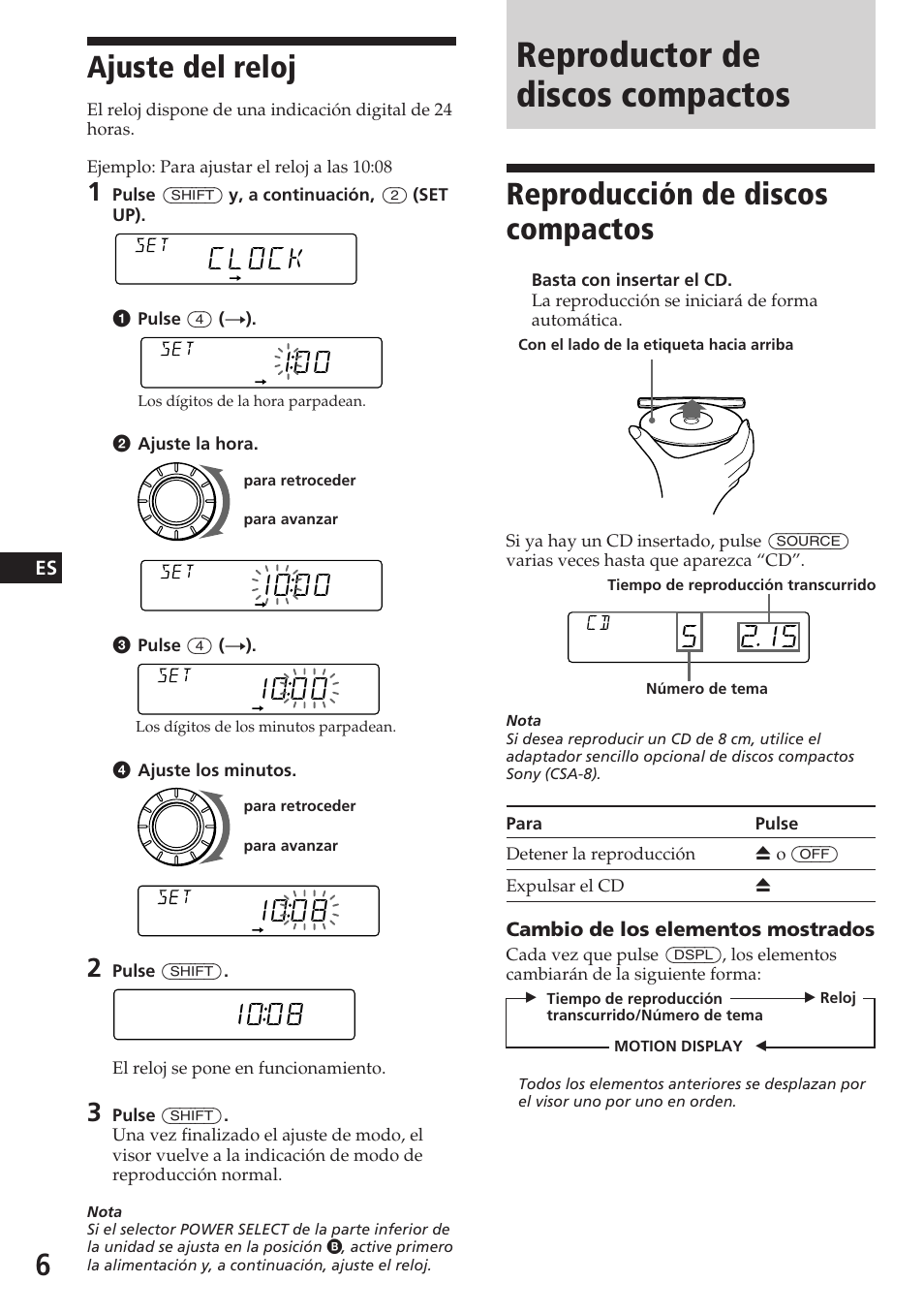 Reproductor de discos compactos, Ajuste del reloj, Reproducción de discos compactos | Clock, 1ooo, 1oo8 | Sony CDX-4180R User Manual | Page 28 / 88