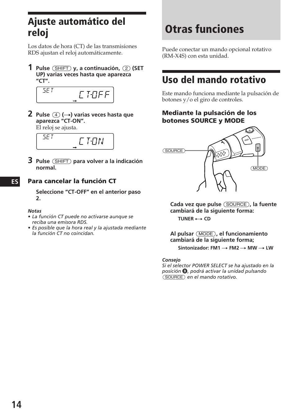 Otras funciones, Uso del mando rotativo, Ajuste automático del reloj | Ctoff, Cton | Sony CDX-4180R User Manual | Page 36 / 88