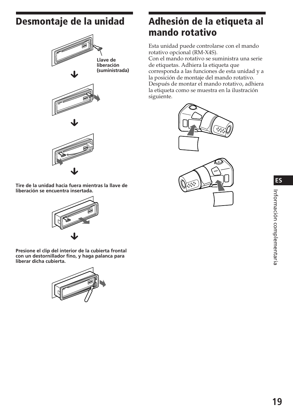 Desmontaje de la unidad, Adhesión de la etiqueta al mando rotativo | Sony CDX-4180R User Manual | Page 41 / 88