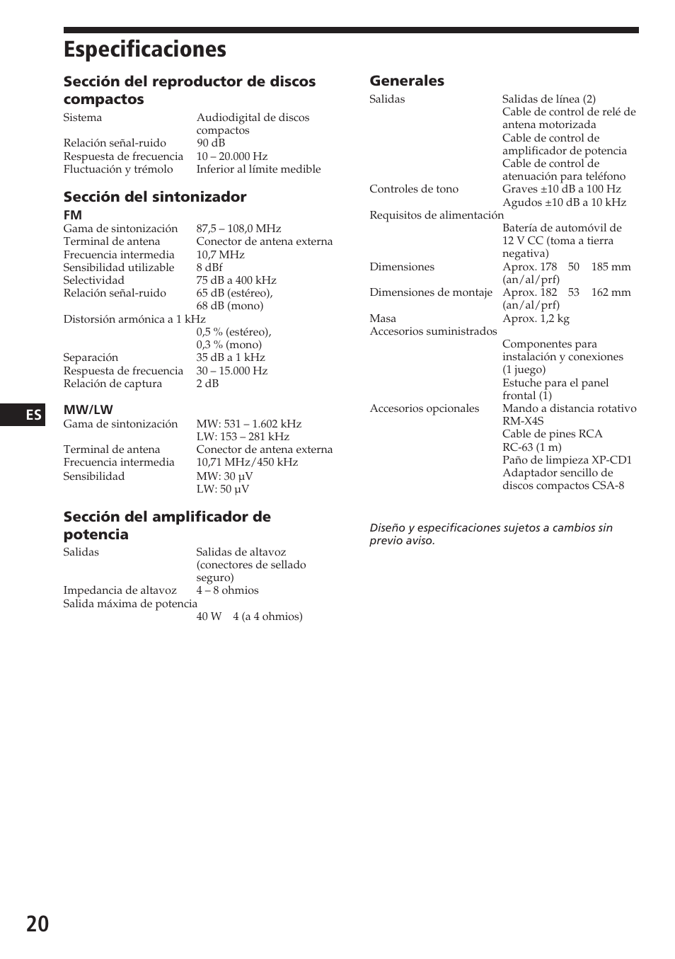 Especificaciones, Sección del reproductor de discos compactos, Sección del sintonizador | Sección del amplificador de potencia, Generales | Sony CDX-4180R User Manual | Page 42 / 88