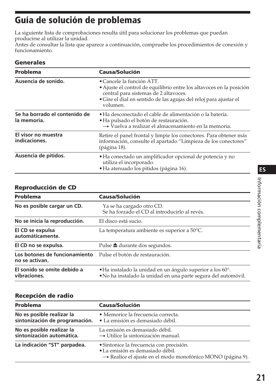 Guía de solución de problemas | Sony CDX-4180R User Manual | Page 43 / 88