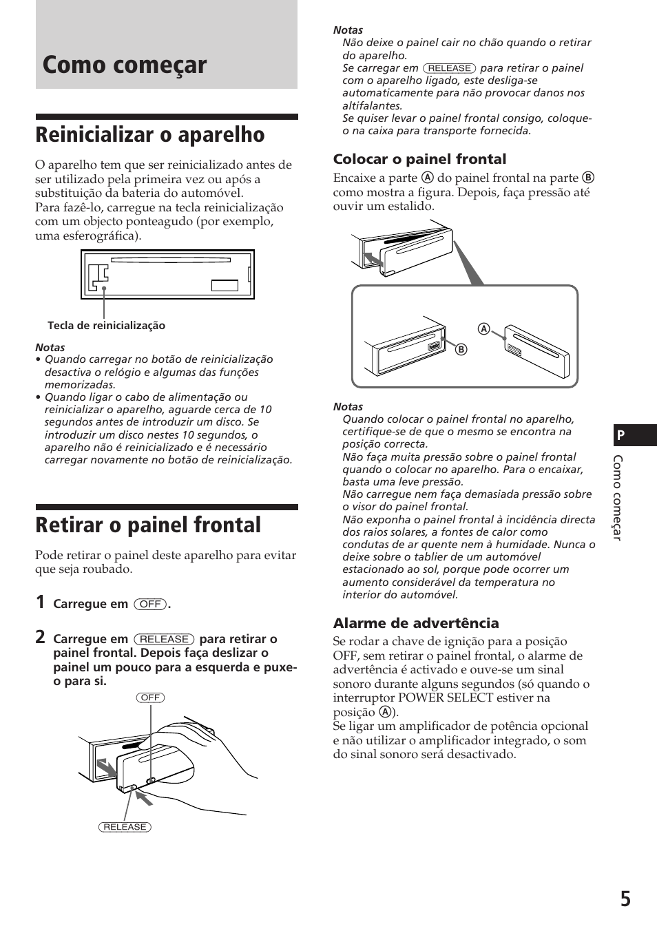 Como começar, Reinicializar o aparelho, Retirar o painel frontal | Sony CDX-4180R User Manual | Page 49 / 88