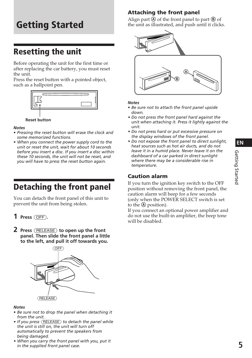 Getting started, Resetting the unit, Detaching the front panel | Sony CDX-4180R User Manual | Page 5 / 88