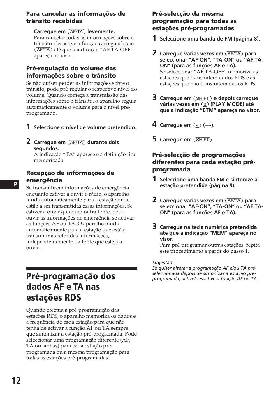 Pré-programação dos dados af e ta nas estações rds | Sony CDX-4180R User Manual | Page 56 / 88