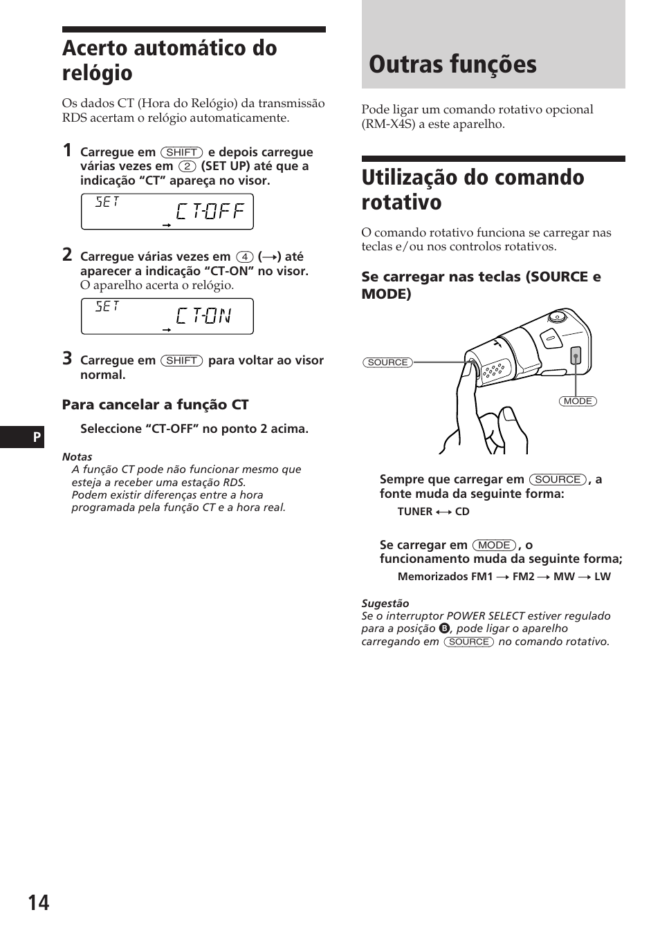 Outras funções, Utilização do comando rotativo, Acerto automático do relógio | Ctoff, Cton | Sony CDX-4180R User Manual | Page 58 / 88