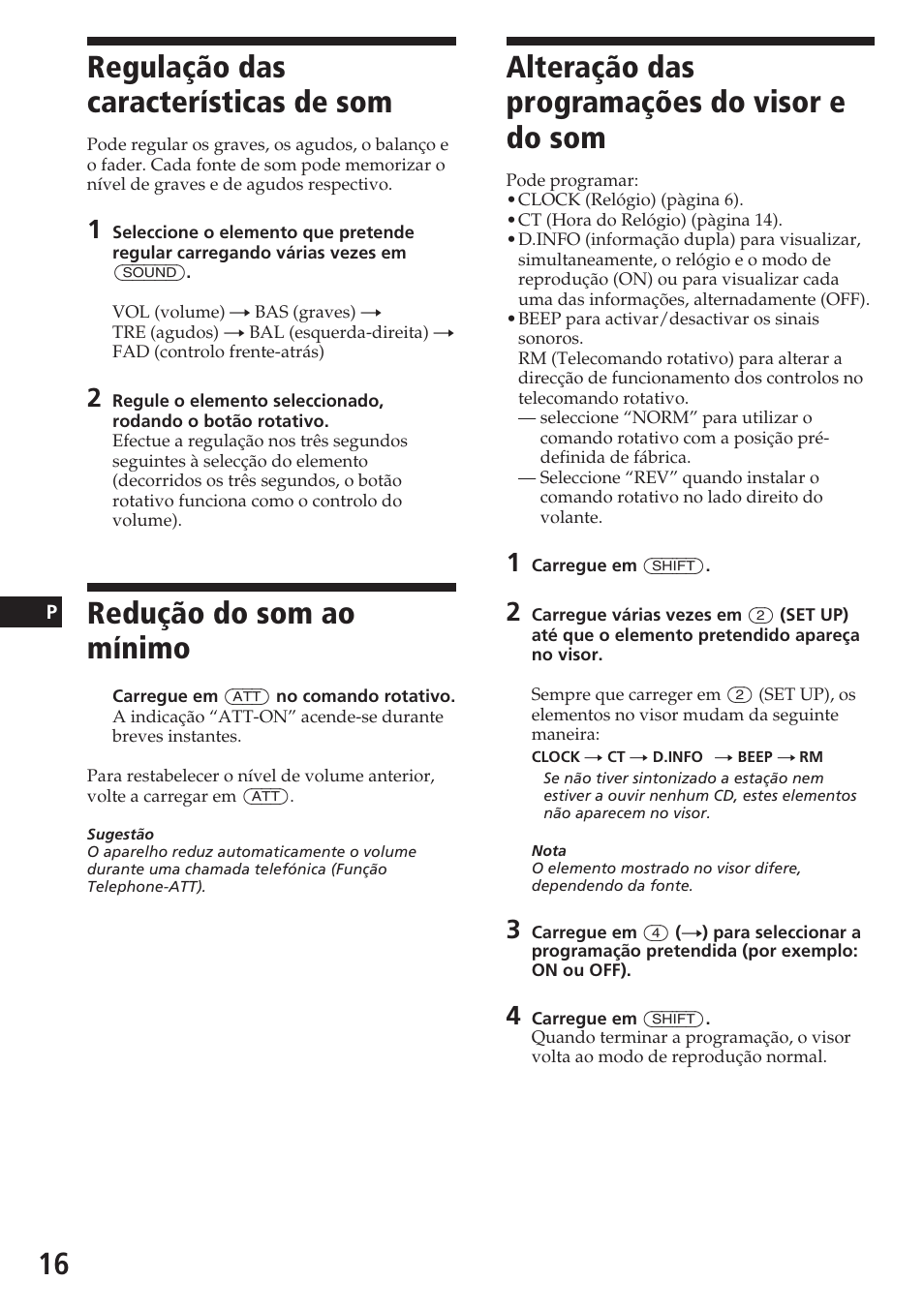 Alteração das programações do visor e do som, Regulação das características de som, Redução do som ao mínimo | Sony CDX-4180R User Manual | Page 60 / 88