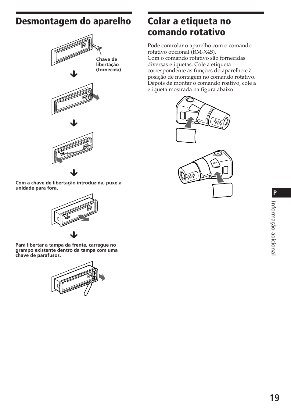 Desmontagem do aparelho, Colar a etiqueta no comando rotativo | Sony CDX-4180R User Manual | Page 63 / 88