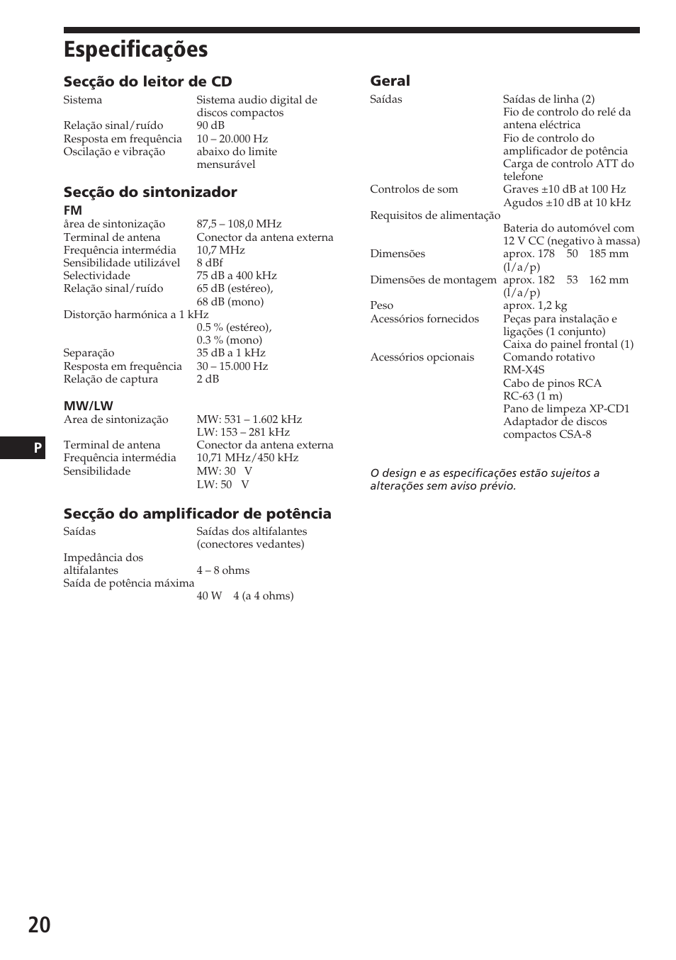 Especificações, Secção do leitor de cd, Secção do sintonizador | Secção do amplificador de potência, Geral | Sony CDX-4180R User Manual | Page 64 / 88