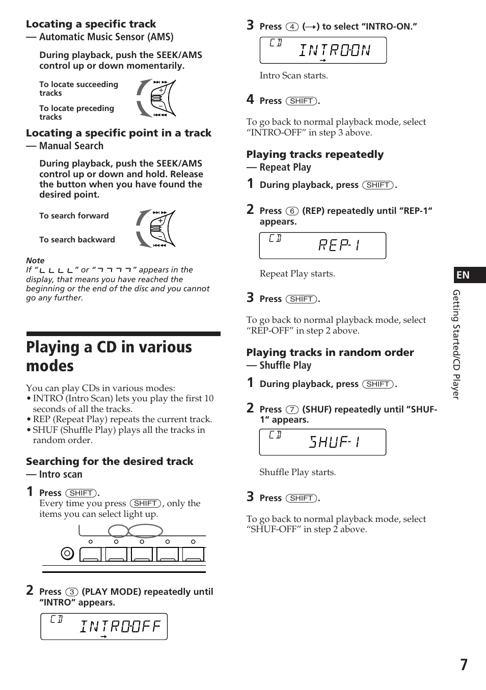 Playing a cd in various modes, Rep1 | Sony CDX-4180R User Manual | Page 7 / 88