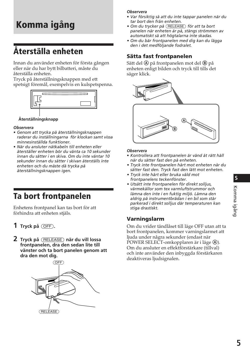 Komma igång, Återställa enheten, Ta bort frontpanelen | Sony CDX-4180R User Manual | Page 71 / 88