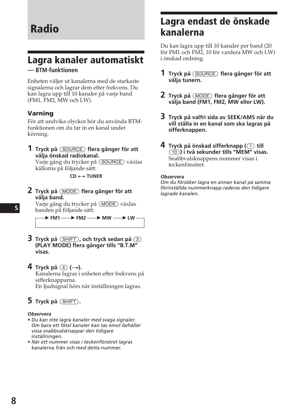 Radio, Lagra endast de önskade kanalerna, Lagra kanaler automatiskt | Sony CDX-4180R User Manual | Page 74 / 88