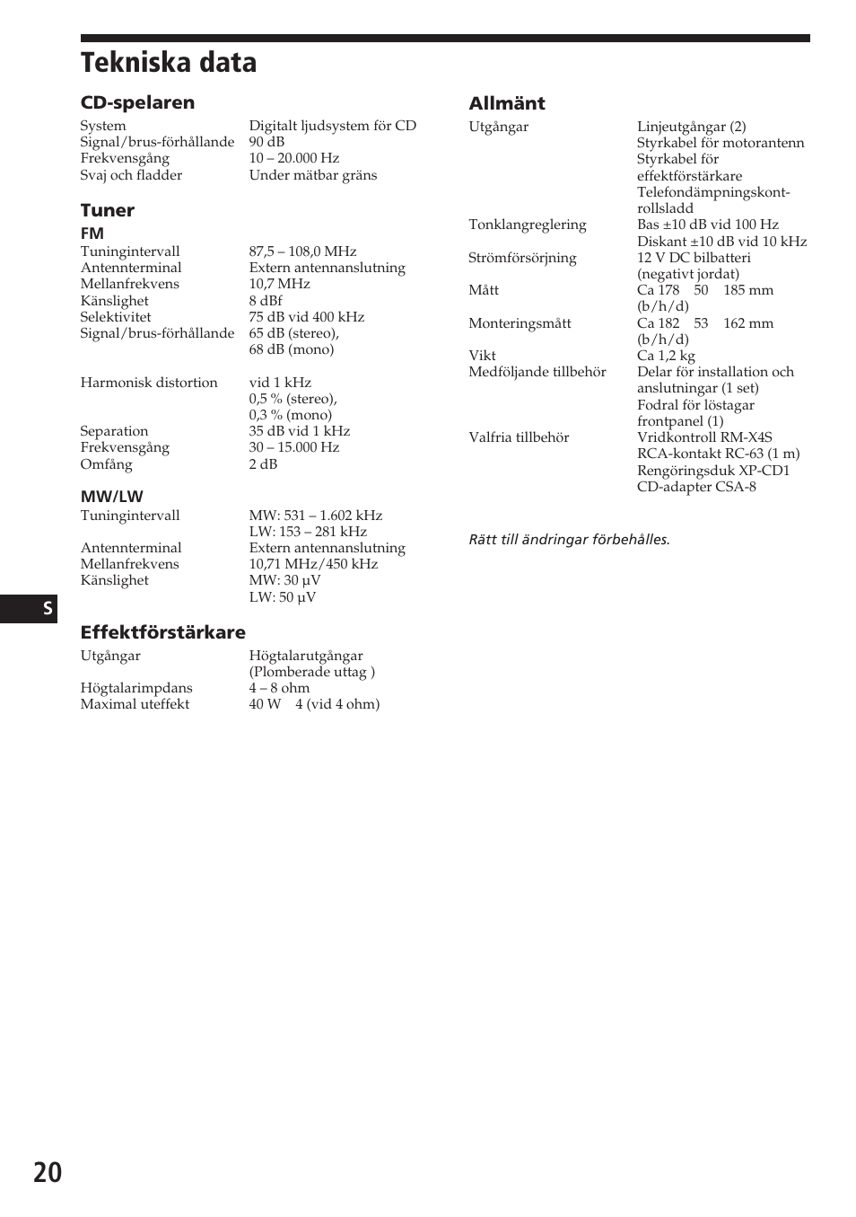 Tekniska data, Allmänt, Cd-spelaren | Tuner, Effektförstärkare | Sony CDX-4180R User Manual | Page 86 / 88