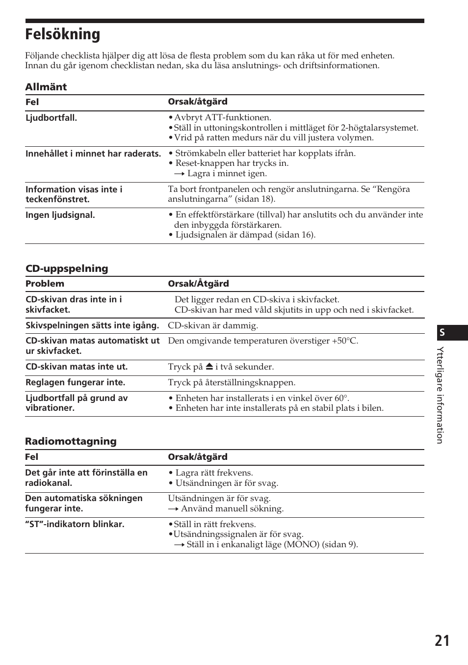 Felsökning | Sony CDX-4180R User Manual | Page 87 / 88