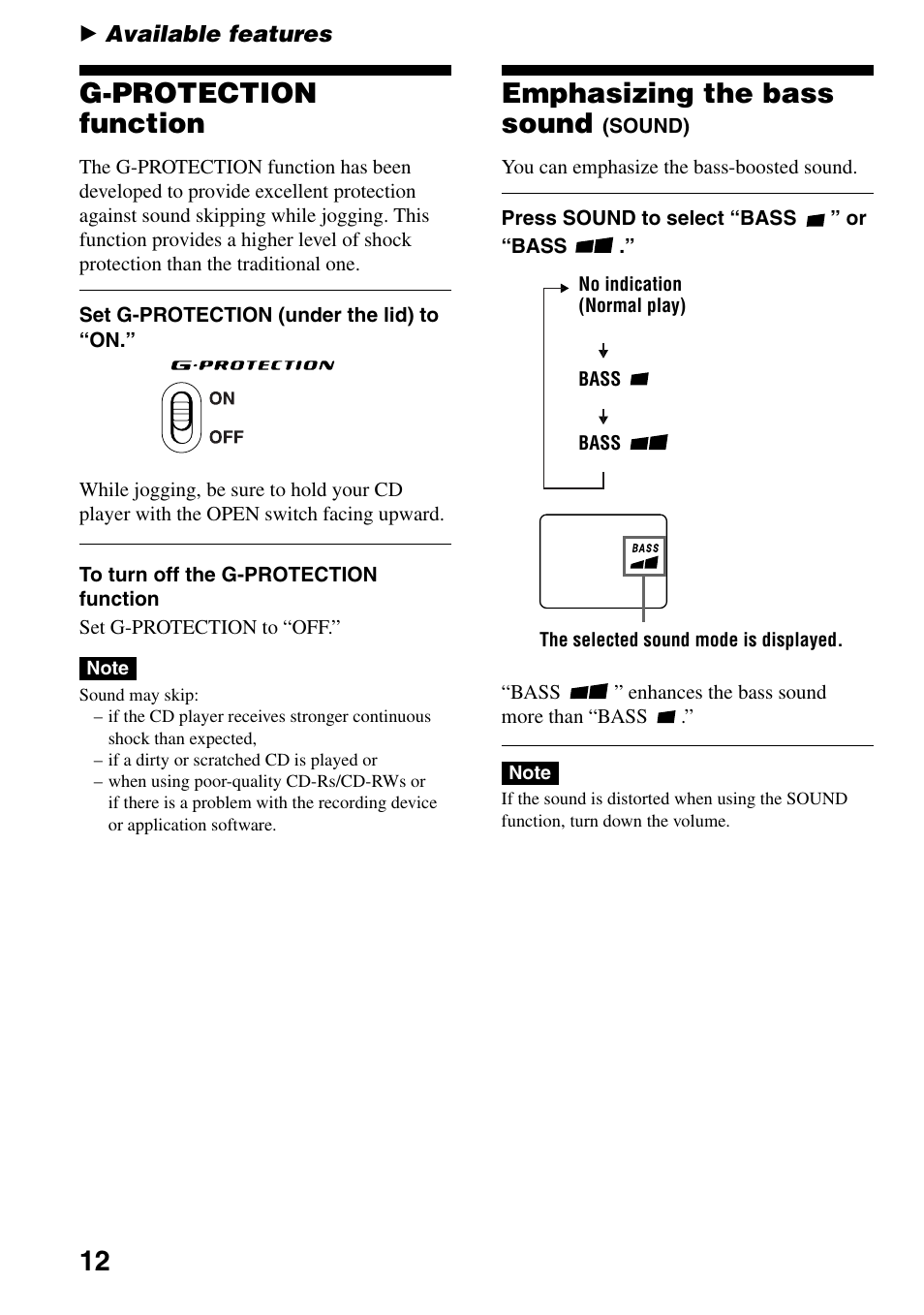 Available features, G-protection function, Emphasizing the bass sound (sound) | 12 emphasizing the bass sound | Sony D-EJ753 User Manual | Page 12 / 24