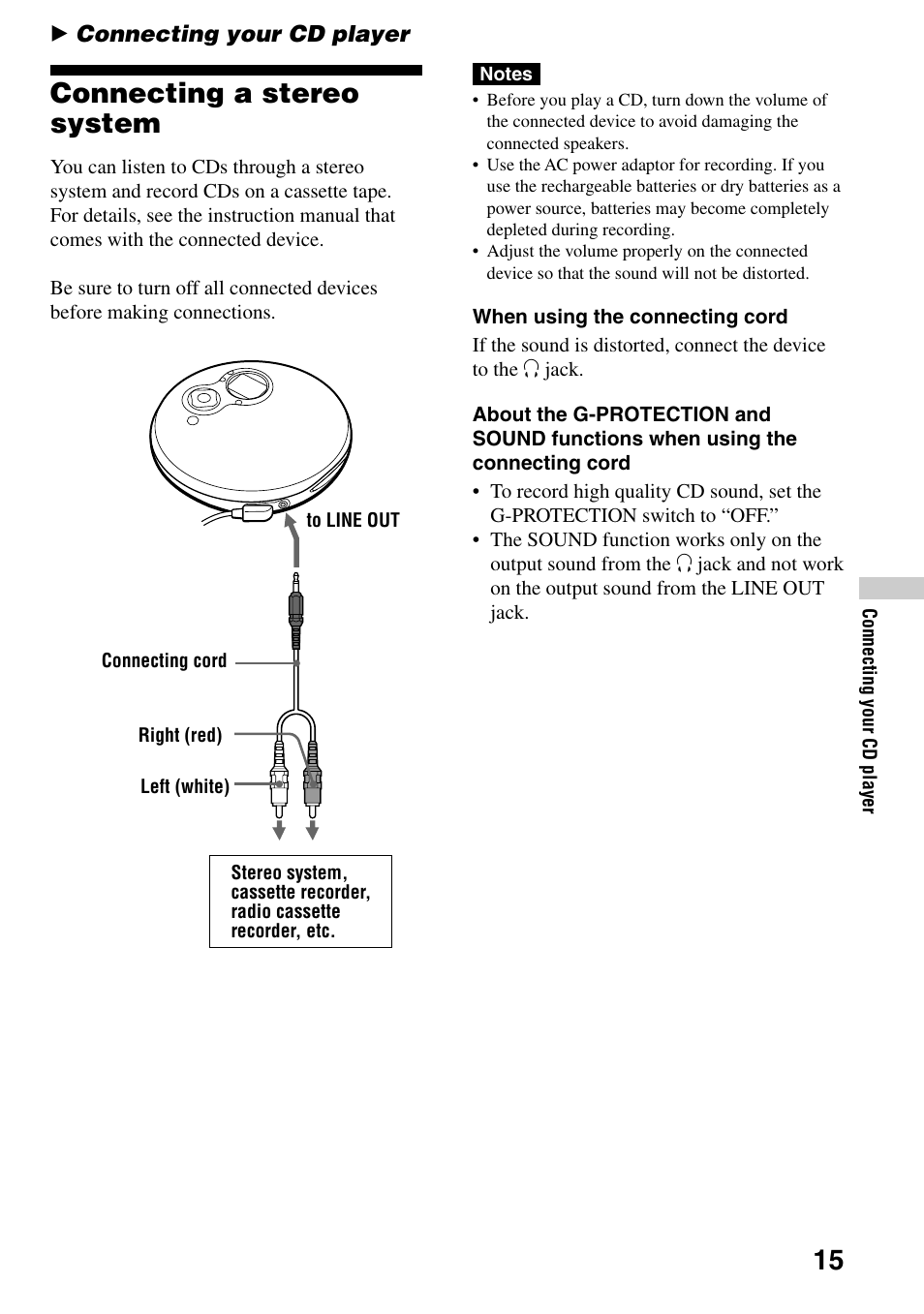 Connecting your cd player, Connecting a stereo system, 15 connecting a stereo system | Sony D-EJ753 User Manual | Page 15 / 24
