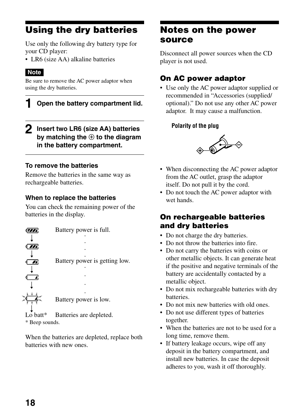 Using the dry batteries, Notes on the power source, 18 using the dry batteries | Sony D-EJ753 User Manual | Page 18 / 24