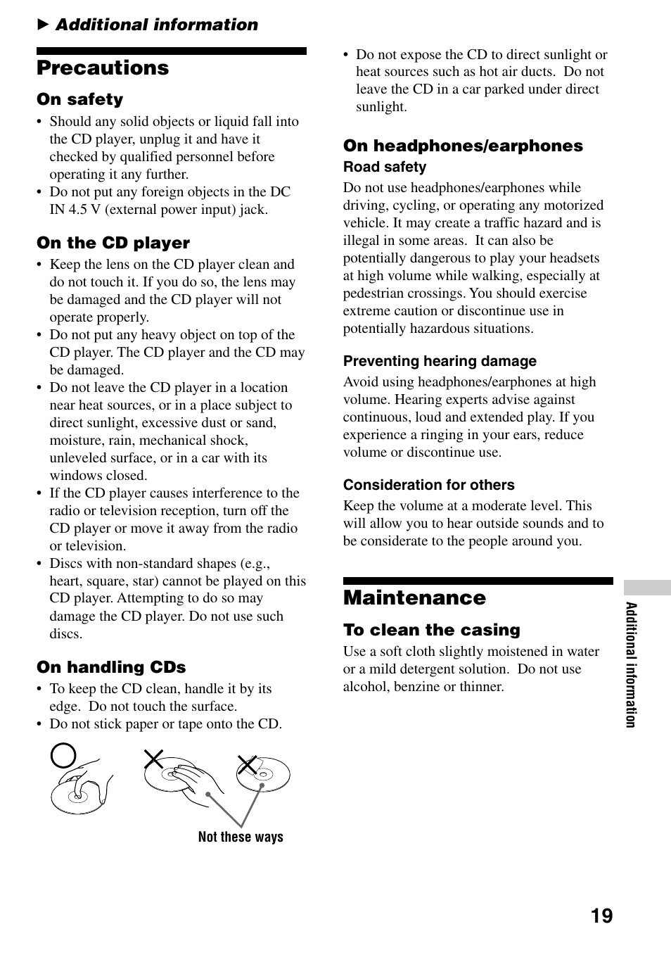 Additional information, Precautions, Maintenance | 19 precautions | Sony D-EJ753 User Manual | Page 19 / 24