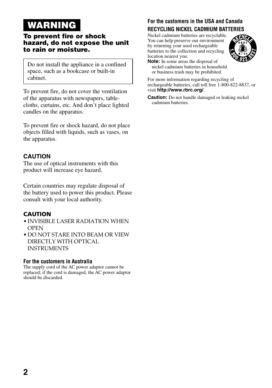 Warning | Sony D-EJ753 User Manual | Page 2 / 24