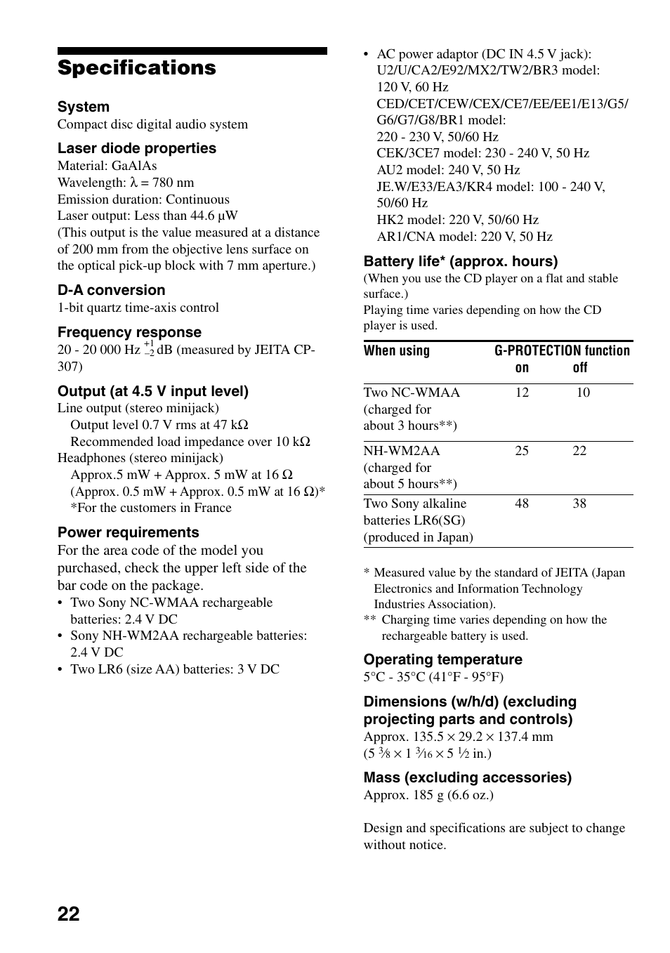 Specifications, 22 specifications | Sony D-EJ753 User Manual | Page 22 / 24