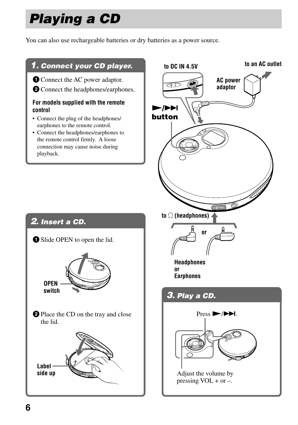 Playing a cd, Connect your cd player, Insert a cd | Play a cd, 1 . connect your cd player, 2 . insert a cd, 3 . play a cd | Sony D-EJ753 User Manual | Page 6 / 24