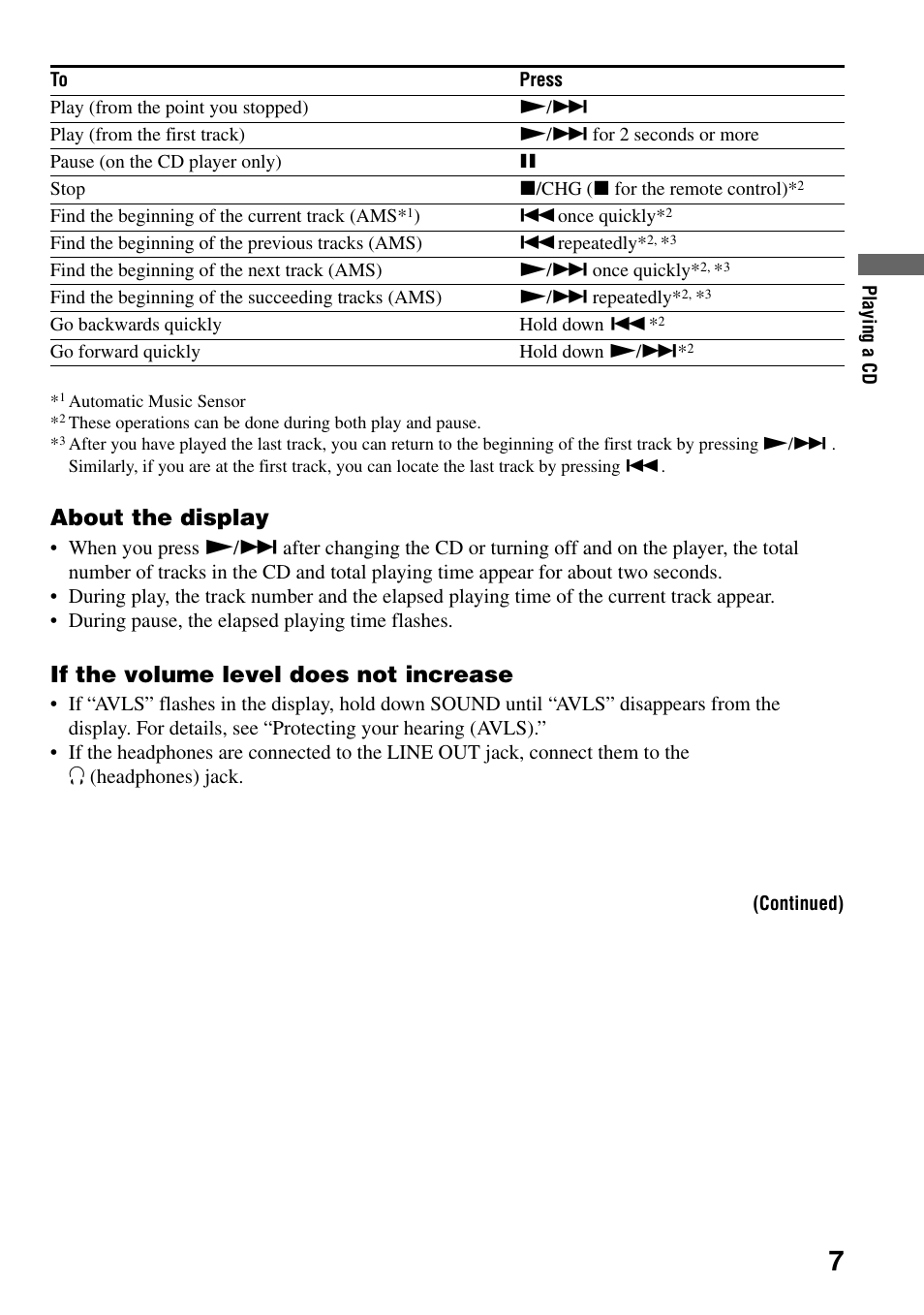 About the display, If the volume level does not increase | Sony D-EJ753 User Manual | Page 7 / 24